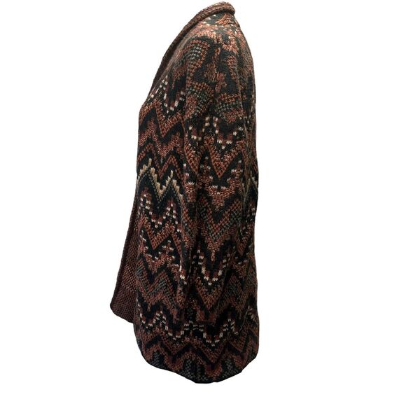 Lucky Brand Long Ikat‎ Cardigan Knit Sweater Black Maroon Wool Acrylic Medium - Picture 2 of 11